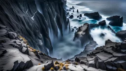 This mesmerizing ocean cliff scene captures the dramatic power and beauty of nature. Towering rugged cliffs stand majestically against the vast expanse of the ocean, where the water pours into a singular bottomless pit. The cliffs, with their sharp and jagged edges, create a stark contrast to the rough, flowing water, making the scene even more captivating. Sunlight pierces through the mist rising from the waterfalls, creating a magical, ethereal atmosphere
