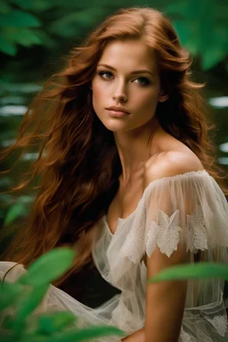 Alexandra Tyler Abercrombie age 25 happy, soft and auburn hair, hot, realistic, human, normal eyes, as a Caucasian water nymph, gossamer wings, no text, no wording, tan tulle sheer thin dress off her shoulders, in the style of Steve Hanks