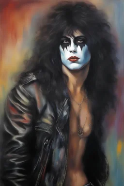 oil painting, text "KISS" - facial portrait with makeup - 20-year-old Paul Stanley with long, wavy curly black 1980's style big hair, wearing a black leather jacket, extremely colorful, multicolored watercolor stained wall in the background - in the art style of Boris Vallejo, Frank Frazetta, Julie bell, Caravaggio, Rembrandt, Michelangelo, Picasso, Gilbert Stuart, Gerald Brom, Thomas Kinkade, Neal Adams - explosions, flames, fog, clouds, dust,