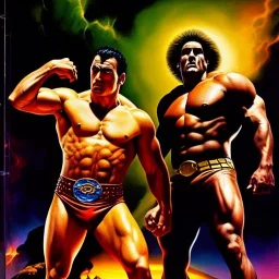 (full body)portrait oil on canvas,'David and Goliath ',comic book cover, mystical colors,insanely detailed,realistic,intrincate detail,crystal clear eyes,perfectly drawn face, 16k resolution, masterpiece,Simon Bisley,Frank Frazetta,Alex Horley,ARTHUR ADAMS