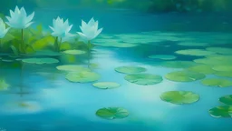 Un estanque de nenúfares en un jardín. Los tonos suaves azulados y verdosos estan difuminados creando una sensación de calma y serenidad. Los nenúfares sin flores, flotan en la superficie del agua y reflejando el cielo. La imagen tiene un estilo expresionista inspirado en Monet