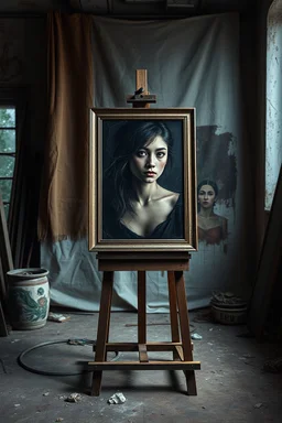 An artist studio with painting stand on it a dark picture of a sad pretty woman . And palate "A very old paints cracked dirty abandoned stage , insanely detailed octane render trending on artstation, 8k artistic photography, photorealistic concept art, soft natural volumetric cinematic perfect light, chiaroscuro, award-winning photograph, masterpiece, oil on canvas, Raphael, Caravaggio, Greg Rutkowski, people, beksinski, Giger