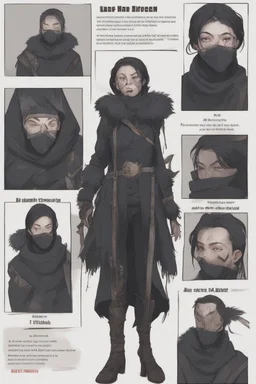 A dnd character sheet. A woman dressed for the cold north dressed in dark furs, with black hair. Death cleric wearing a mask