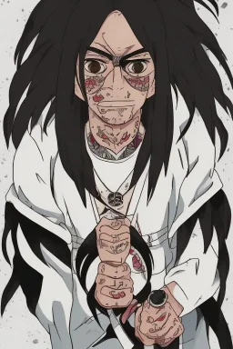 White skin man in typical punk-rock black outfit with some tattoos, black long hair, black beard and red shining left eye anime