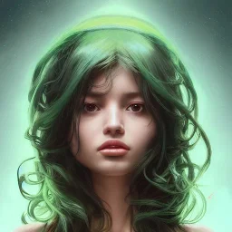 alien girl, cute, beautiful, long hair, curly hair, black hair, slim body, brown eyes, big eyes, green skin, turquoise dress, head and shoulders portrait, 8k resolution concept art portrait by Greg Rutkowski, Artgerm, WLOP, Alphonse Mucha dynamic lighting hyperdetailed intricately detailed