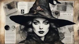 Witch, Collage. Beautiful portrait of a woman in charcoal and ink. Mixed media. Newspaper clippings, many photographs, love letters, Magazine style. Surrealism, Detailed. Alcohol ink. Worn texture. Crisp focus. Inked outlines. Hints of vibrant color. Authors: Katherine Welz-Stein and Sam Toft