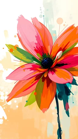 A vibrant and colorful abstract flower with bold, expressive brushstrokes in shades of pink, orange, green, and blue. The flower appears to be the main focus, with a soft, dreamlike background