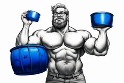 a very swedish strongman, big muscles and short light hair, pait of glasses, holding a big blue barrel above his head, a drawing with sketch lead pencil, The word BAXER floating