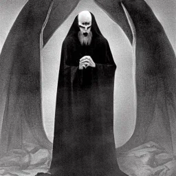 Russian Orthodox nosferatu vampire with a long beard made of flesh with long arms and fingers and a robe made a human faces