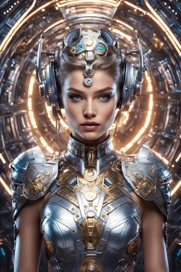 Half body photography front view of super model Russian beautiful woman as dj player,headphones ,dressing mech in transformative style, his metallic skin gleaming with intricate textures and intricate details, captured in an ultra-realistic style that blurs the lines between reality and imagination,cosmic spaceship background