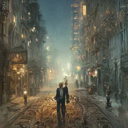 Insanely detailed photograph of an “portrait of gorgeous city” with intricate gears, intricate embroidered band, hyperdetailed painting by Ismail Inceoglu Huang Guangjian and Dan Witz CGSociety ZBrush Central fantasy art album cover art,8K, hdr, romantic, mysterious, ominous, flowers, jewelry, steam,oil,cafe,1920's