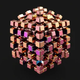 a mandelbox 3d fractal made of small metallic random color cubes