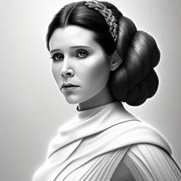 stunning half-body-portrait photo of princess leia from Star Wars played by Carrie Fisher, wlop, artgerm, akihiko yoshida, and liang xing, detailed face, doe eyes, intricate hair style, symmetrical eyes, trending on artstation, highly detailed, white dress, dynamic pose, intricate outfit, space ship and galaxy background