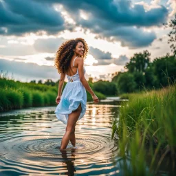 upper body closeup of very beautiful girl walks in water in country side , curly hair ,next to small clean water river,pretty clouds in blue sky