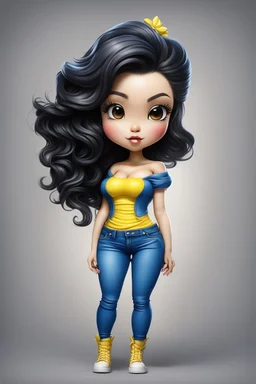 Create an airbrush image of a curvy chibi cartoon asian female wearing tight yellow jeans and a blue off the shoulder blouse. Prominent make up with hazel eyes. Extremely highly detailed shiny black wavy hair flowing down her back