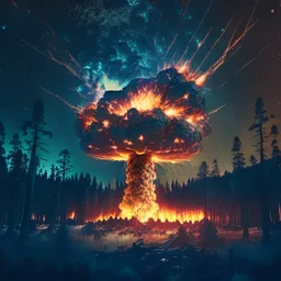 giant radioactive explosion destroy a forest, night starry sky in background, 8k resolution, photorealistic, ultra detailed