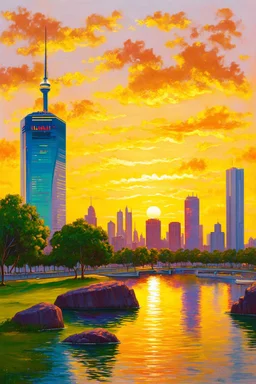 sunset, buildings, lake, rocks, city, park, trees, cyberpunk, sci-fi, paul gauguin, and claude monet impressionism paintings