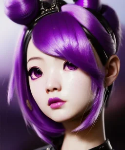 Detailed cute anime Kunoichi girl, purple hair buns, purple bangs, black latex bodysuit, intricate details, full body portrait, keep head in frame, slight smile, black Japanese motif, concept art, highly detailed, digital painting, concept art, sharp focus, illustration, art by Yoji Shinkawa, WLOP and greg rutkowski and alphonse mucha and artgerm and yanjun Chen and Junji ito and Makoto Shinkai, HDR, octane render