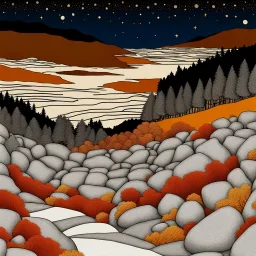 Autumn colors, peaceful, Egon Schiele, Max Ernst, Henri Rousseau, silver rust gradient, night sky filled with galaxies and stars, rocks, trees, flowers, one-line drawing, sharp focus, 8k, deep 3d field, intricate, ornate