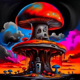 A fantabulous black, orange, and cyan (((mushroom tower house))) erected atop a (geologic pillar), surrounded by the uncanny imaginative ((( swirling skies))), offset by the stark hues of a (neon-tinged nebulous space scape), within. captured by the hand a skilled master painter with a focus on (softly blurred compositions and voluminous lighting).