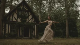 slim nymph dancing in a woodland clearing, with a gothic woodland house behind her.