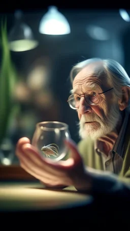 portrait of confused old man holding a glass bowl in glass nursery studying his own beaks and claws, bokeh like f/0.8, tilt-shift lens 8k, high detail, smooth render, down-light, unreal engine, prize winning