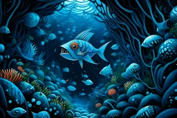 A blue underwater abyss with angler fish designed in Mexican folk art painted by MC Escher