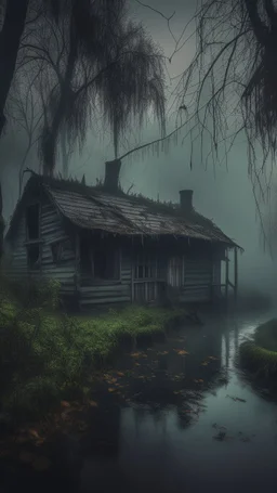 A swamp surrounded by bamboos long trees in cloudy, depressing, foggy, with a dim of light in the distance , there.is an abandoned cottage covered with leaves. A close look of strange scary creature sitting outside the cottage