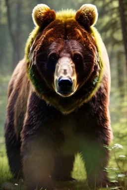 Druid character, young man, bear ears, brown hair, long hair, wild hair, yellow eyes, scars on body, animal hide armor, waist up portrait, 4k resolution, intricate details, ornate details, soft lighting, vibrant colors, retroanime, masterpiece, natural background, fae