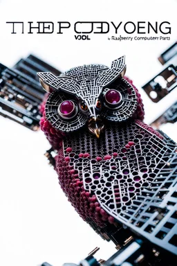 Owl made of Raspberry Pi micro computer parts, Lush Void: The Solar-Cyborg, Underpunk, imperfection, natural lighting, cinematic, Fuji Film, Anamorphic lens, 2040s, deep depth of field, Solarpunk