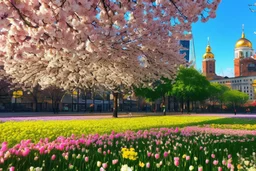 city, flowers, trees, sunny day, spring