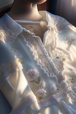 elegant, white lace blouse for women, embroidered with pastel-coloured folk motifs and real pearls, laid out on a bed Nikon D850 highly detailed digital painting sharp focus elegant intricate photorealistic 4k very attractive beautiful award winning fantastic view crisp quality Unreal Engine hdr very cute cinematic postprocessing acrylic art in sunshine