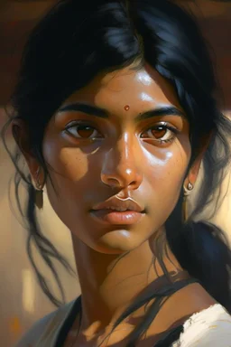 portrait of Indian labor, black hair, pretty face, realistic, fine details. realistic shaded lighting by Ilya Kuvshinov Giuseppe Dangelico Pino and Michael Garmash and Rob Rey, IAMAG premiere, WLOP matte print, cute freckles, masterpiece