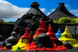 A volcano near a lava like filled with angry faced statues painted by Piet Mondrian