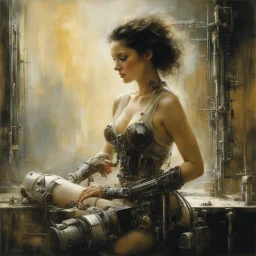 [photography by Titian, Rembrandt van Rijn, by Jeremy Mann, Luis Royo,] Her nimble fingers examined each mechanical joint, repairing what she could and providing solace to their worn mechanisms. Her touch, gentle yet firm, conveyed a profound understanding of their inner workings. She listened to their whirrs and clicks, interpreting the language of their mechanical souls.With the storm's fury as their backdrop, Maria Magdalena nurtured these machines back to a semblance of vitality. She wiped a