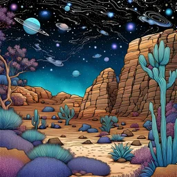 Colourful, peaceful, night sky filled with galaxies and stars, desert, rocks, trees, flowers, one-line drawing, sharp focus, 8k, deep 3d field, intricate, ornate