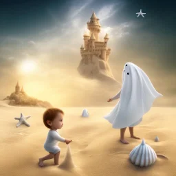 ghost of a child wearing white playing by himself with a castle of sand at the beach close to a starfish and pearl