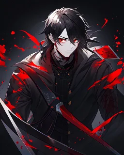 Boy holding a sword with a look of murderous intent, black hair and red eyes, Wears a stealthy outfit, he has a symbol with the letter Z in the middle on his clothes, his hair is short, on his sword there was blood, black background reminiscent of a nightmare