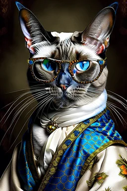 Prompt: the real awesome Siamese Cat queen in regals wearing reading glasses portrait 1600s