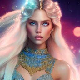 white woman glitter long blond hair blue eyes in a galactic ambiance, delicate colors in the foreground, full of details, smooth, light effect，vaporwave colorful, smooth, extremely sharp detail, finely tuned detail, ultra high definition, 8 k, ultra sharp focus