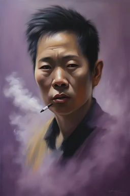 Portrait of Ah Choo - oil painting by Ged Zundheit - fire, fog, mist, smoke and purple rain