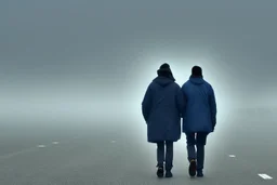 two people seen from behind walking side by side in an empty foggy plain with blue sky above