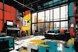 create a wildly abstract illustration of a highly detailed industrial warehouse loft apartment in style of Jean Michel Basquiat , and the comic book art style of Bill Sienkiewicz, finely textured, drawn, colored, and inked