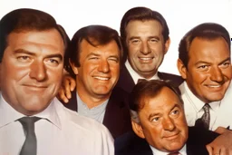 a photo of 5 men in their 30s, antique photo, add background, hand on some shoulders