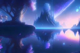 blue and gold crystal cosmic and galactic ambiance sky trees river lake surreal, full of details, smooth, bright sunshine，soft light atmosphere, light effect，vaporwave colorful, concept art, smooth, extremely sharp detail, finely tuned detail, ultra high definition, 8 k, unreal engine 5, ultra sharp focus