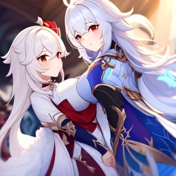 Clear focus,High resolution,High quality, white long fluffy hair, Red eyes, genshin warrior clothing style, curvy,Sumeru Style, Pyro vision, Holding a bow