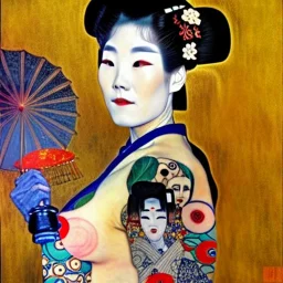 dibujo al oleo de cuerpo entero de una Geisha con tatuajes estilo Gustav Klimt