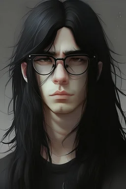 Cute guy with long black hair with black eyes with black dressing with glassess with hoka