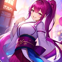 girl, masterpiece, best quality, volumetric lighting, detailed outfit, perfect eyes, long hair, fuchsia hair, fuchsia eyes, laughing, obi, ponytail,