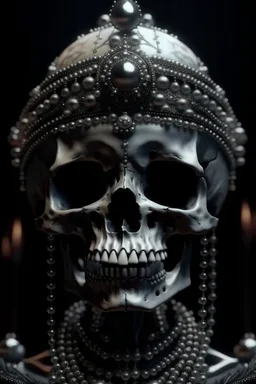 A portrait in the form of a skull wearing a traditional Russian tiara kokshnik with the pearls. the skeleton itself is dressed in a fur black coat, part of which is visible in the portrait. dark and scary tones. ultrarealistic, 4k, looking in front